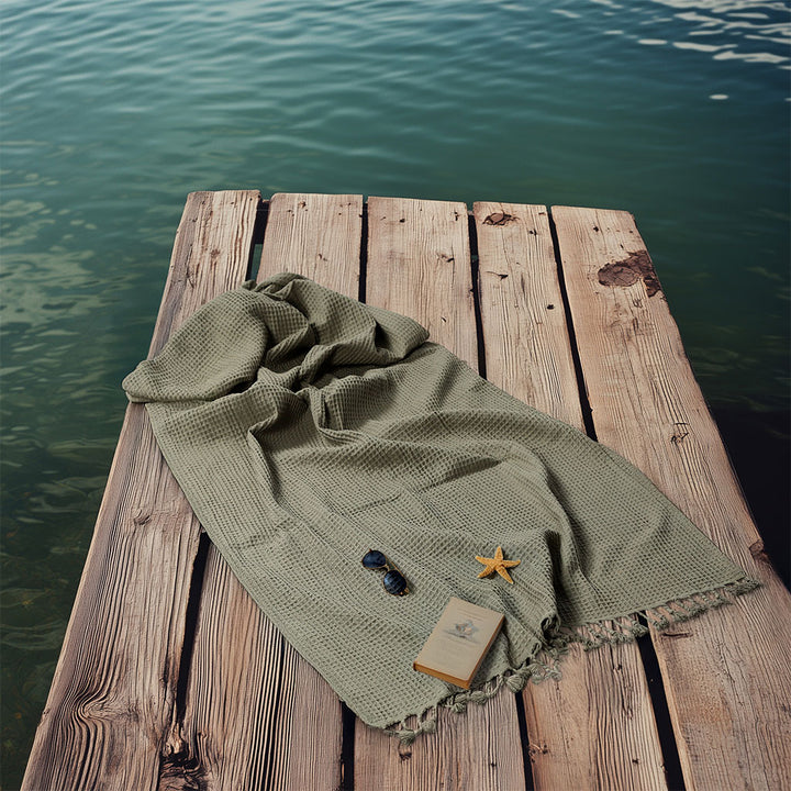 Waffle Pestemal towel made from 100% natural cotton. Lightweight, absorbent, and quick-drying Turkish towel for bath, beach, spa, or travel.